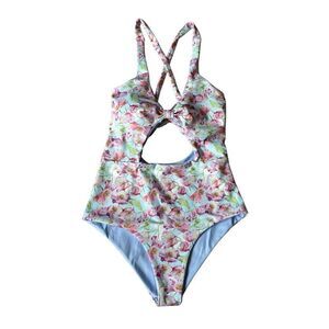 LINC One Piece Swimsuit size M Floral Cut Out Blue Pink